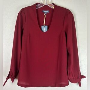 NEW ModCloth Long Tie Sleeve Boho Peasant Blouse Burgundy Top Career XXS 1344/45